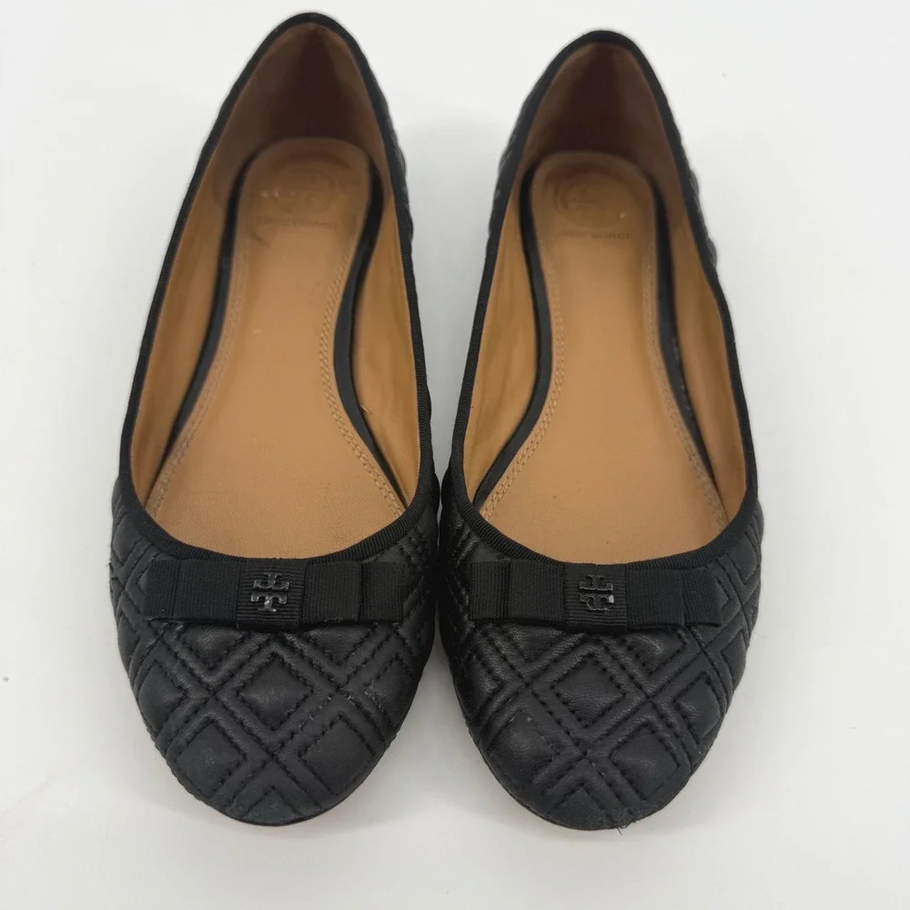 Tory Burch Marion 7.5M Quilted Leather Ballet Flats Bow Black Round Toe Minimal